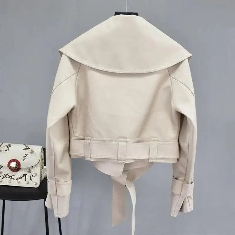 Stevvex beige PU leather motorcycle jacket with belted waist and turn-down collar on Tampa Home & Garden Store