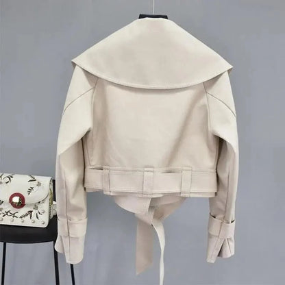Stevvex beige PU leather motorcycle jacket with belted waist and turn-down collar on Tampa Home & Garden Store