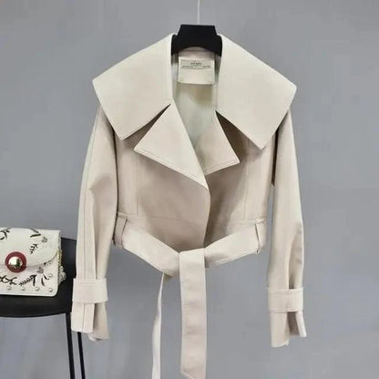 Stevvex beige PU leather motorcycle outerwear jacket with wide lapels and belt on Tampa Home & Garden Store
