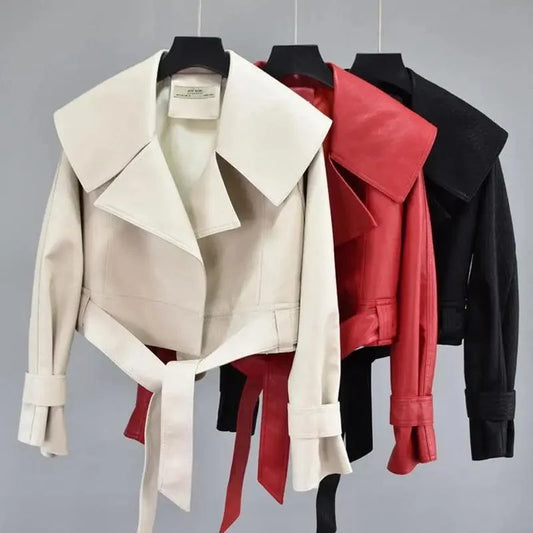 Stevvex PU leather motorcycle jacket trio in white red black with belted waist turndown collar on Tampa Home & Garden Store