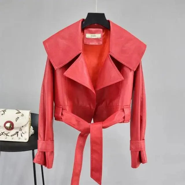 Red PU leather motorcycle jacket for women with lapels and belted waist Stevvex ST93344BLK on Tampa Home & Garden Store
