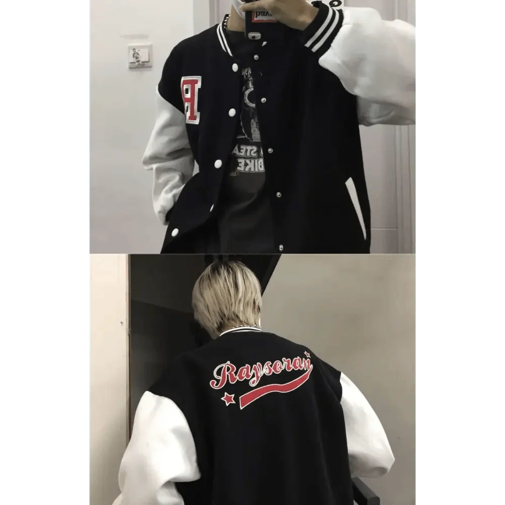 Stevvex bomber jacket black body with white sleeves, chest letter patch, back Raysoran script on Tampa Home & Garden Store