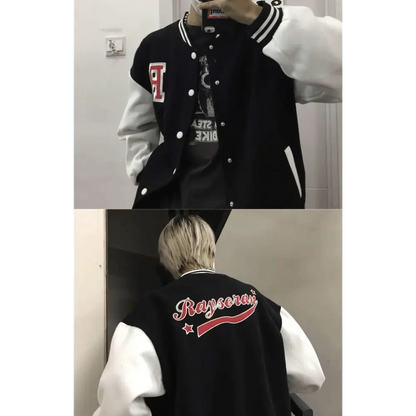 Stevvex bomber jacket black body with white sleeves, chest letter patch, back Raysoran script on Tampa Home & Garden Store