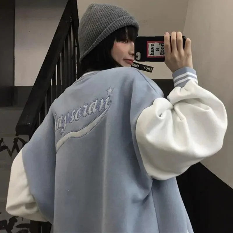 Stevvex bomber jacket light blue with white sleeves, back embroidered script on Tampa Home & Garden Store