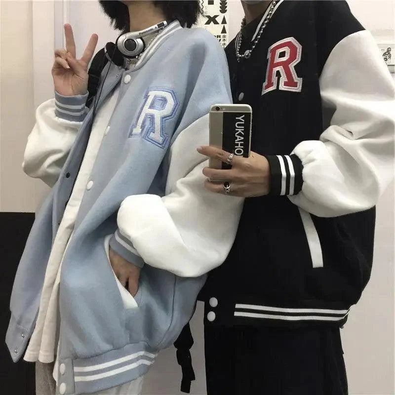 Stevvex varsity bomber jackets set in light blue and black with white sleeves and R patches on Tampa Home & Garden Store