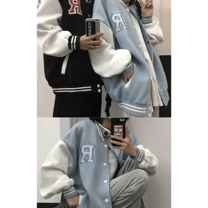 Stevvex bomber jackets 2 varsity jackets in black and light blue with white sleeves on Tampa Home & Garden Store