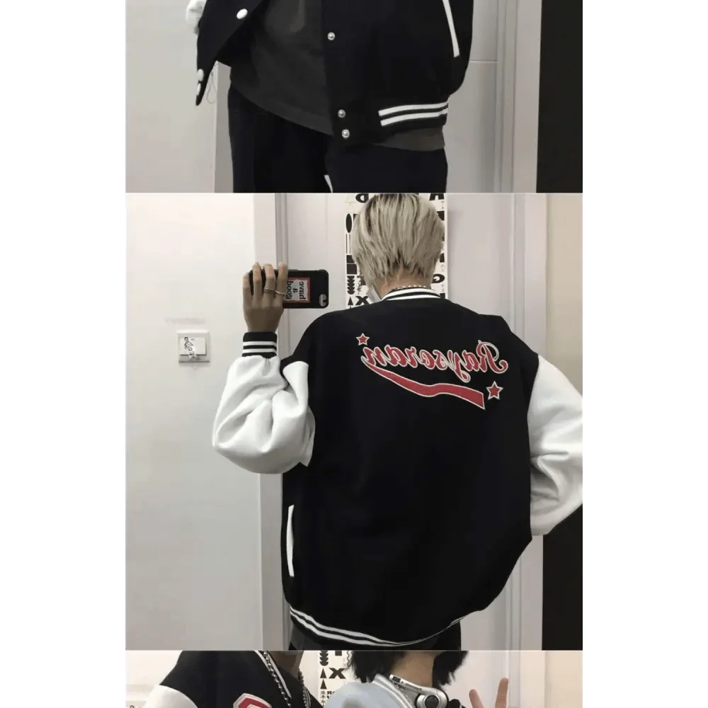 Stevvex bomber jacket black body white sleeves with red back script embroidery unisex size on Tampa Home & Garden Store
