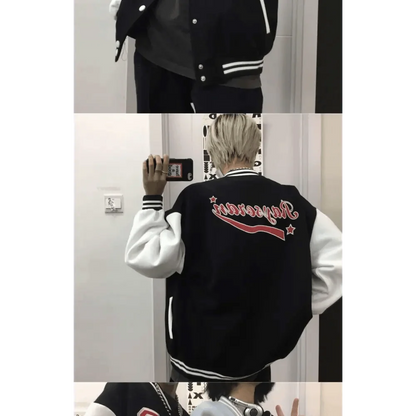 Stevvex bomber jacket black body white sleeves with red back script embroidery unisex size on Tampa Home & Garden Store