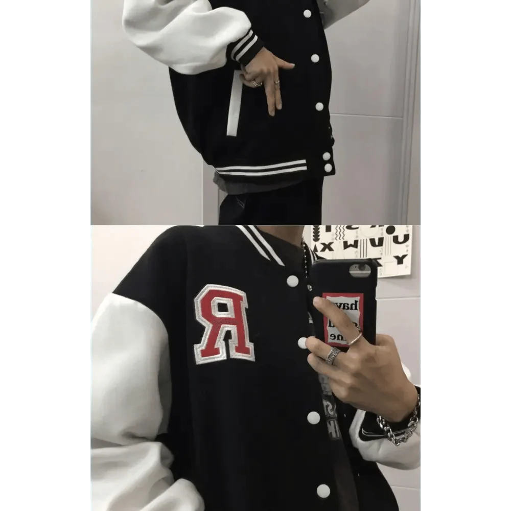 Bomber jacket Stevvex varsity black with white sleeves and red R patch, snap front on Tampa Home & Garden Store