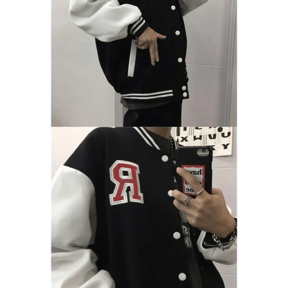 Bomber jacket Stevvex varsity black with white sleeves and red R patch, snap front on Tampa Home & Garden Store