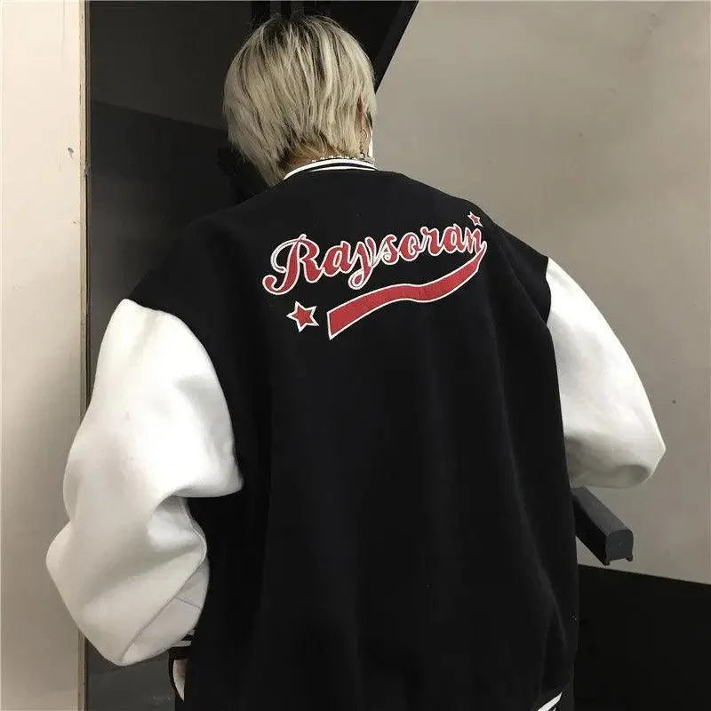 Stevvex bomber jacket black body with white sleeves Raysoran graphic on back on Tampa Home & Garden Store