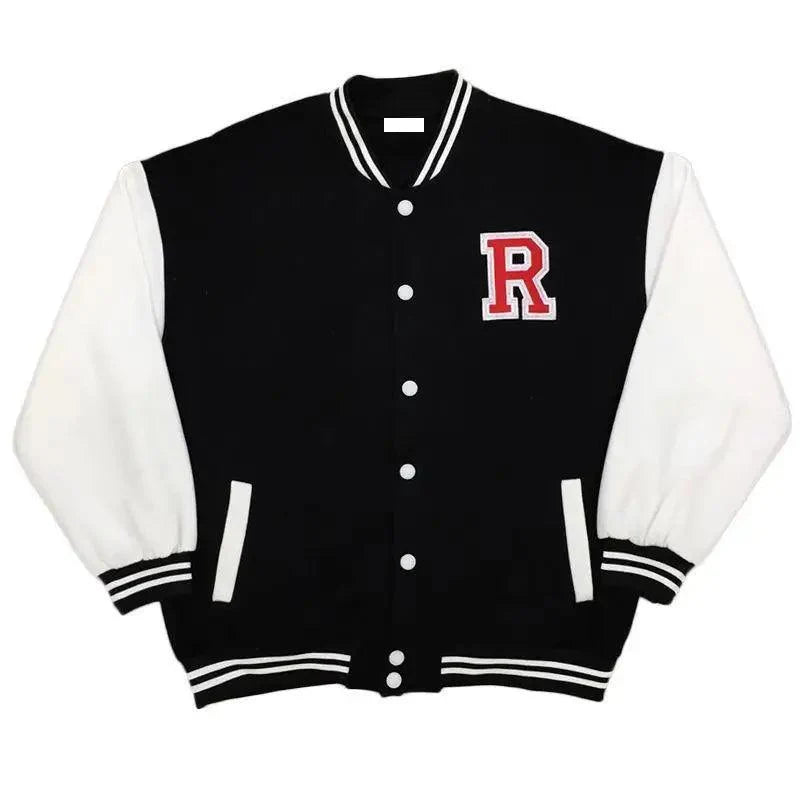 Stevvex varsity bomber jacket black body white sleeves with red R patch, striped cuffs on Tampa Home & Garden Store