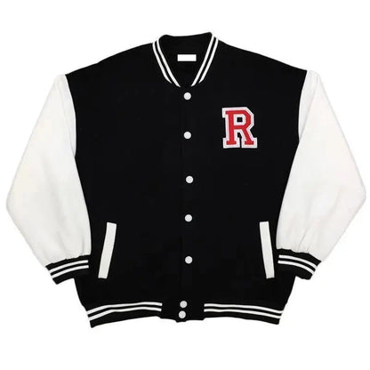 Stevvex varsity bomber jacket black body white sleeves with red R patch, striped cuffs on Tampa Home & Garden Store