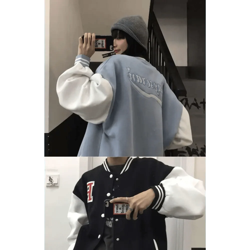 Stevvex bomber jackets pair: light blue with white sleeves; black varsity with white sleeves on Tampa Home & Garden Store