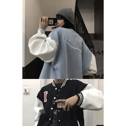 Stevvex bomber jackets pair: light blue with white sleeves; black varsity with white sleeves on Tampa Home & Garden Store
