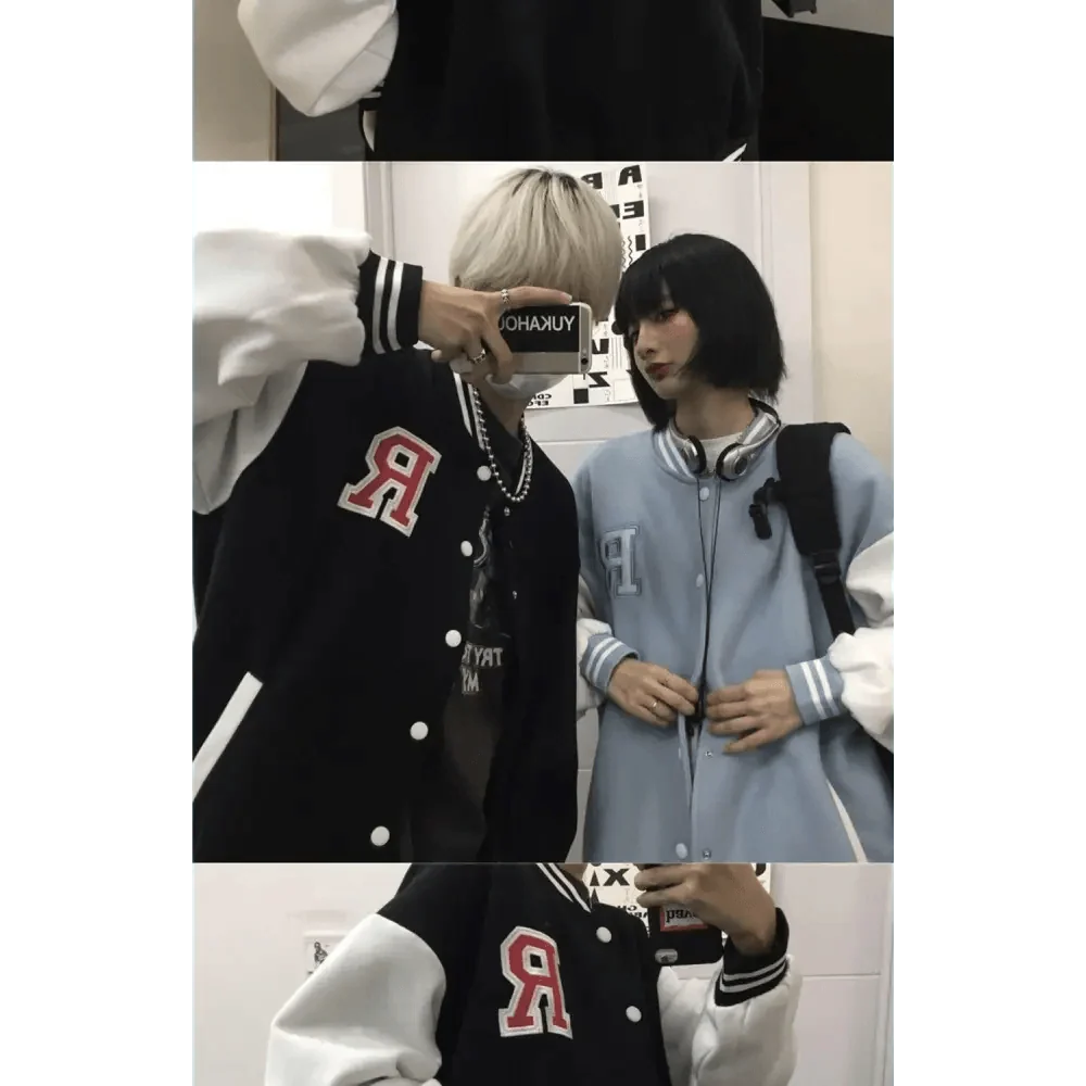 Stevvex bomber jackets: black varsity with red R patch and blue varsity with white sleeves on Tampa Home & Garden Store