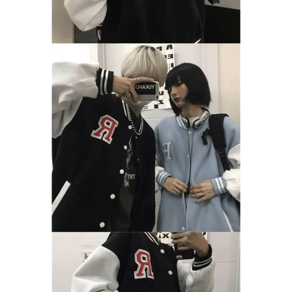 Stevvex bomber jackets: black varsity with red R patch and blue varsity with white sleeves on Tampa Home & Garden Store
