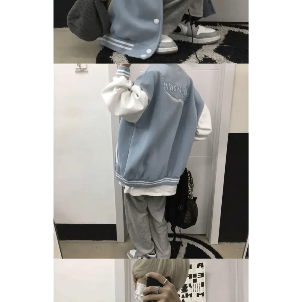 Stevvex light blue bomber jacket with white sleeves, varsity stripes, loose streetwear fit on Tampa Home & Garden Store