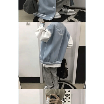 Stevvex light blue bomber jacket with white sleeves, varsity stripes, loose streetwear fit on Tampa Home & Garden Store