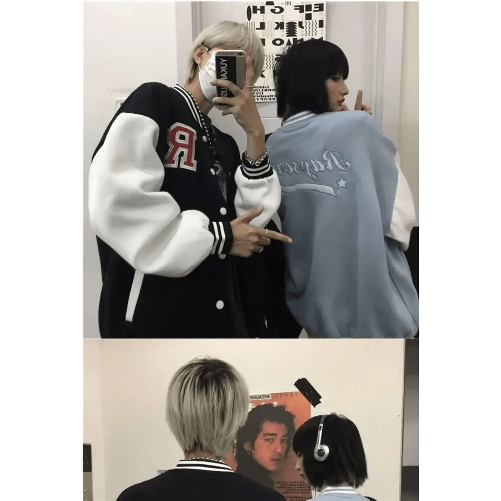 Two bomber jackets: black varsity with red R; blue jacket with script back on Tampa Home & Garden Store