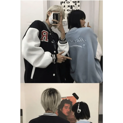 Two bomber jackets: black varsity with red R; blue jacket with script back on Tampa Home & Garden Store