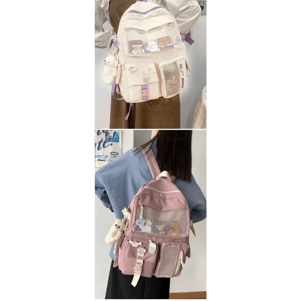 Stevvex waterproof beige backpack with purple accents, front mesh pocket and plush keychain on Tampa Home & Garden Store
Stevvex waterproof pink backpack with mesh pocket, multiple front pouches and cute patches on Tampa Home & Garden Store