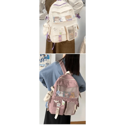 Stevvex waterproof beige backpack with purple accents, front mesh pocket and plush keychain on Tampa Home & Garden Store
Stevvex waterproof pink backpack with mesh pocket, multiple front pouches and cute patches on Tampa Home & Garden Store