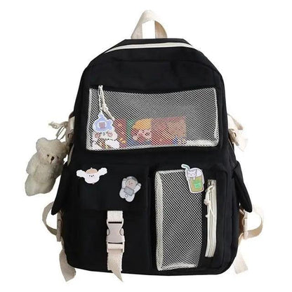 Stevvex waterproof school backpack black with beige straps and teddy bear keychain on Tampa Home & Garden Store