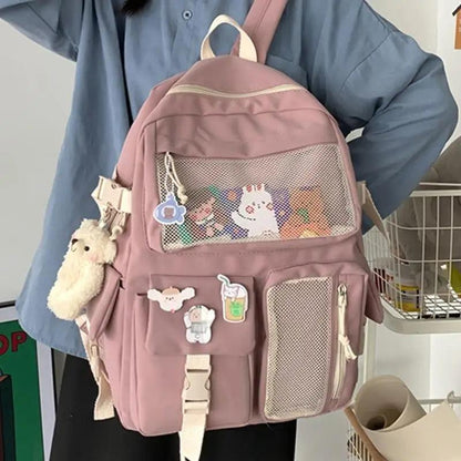 Stevvex pink waterproof school backpack with mesh front pocket, cute patches and plush keychain on Tampa Home & Garden Store
