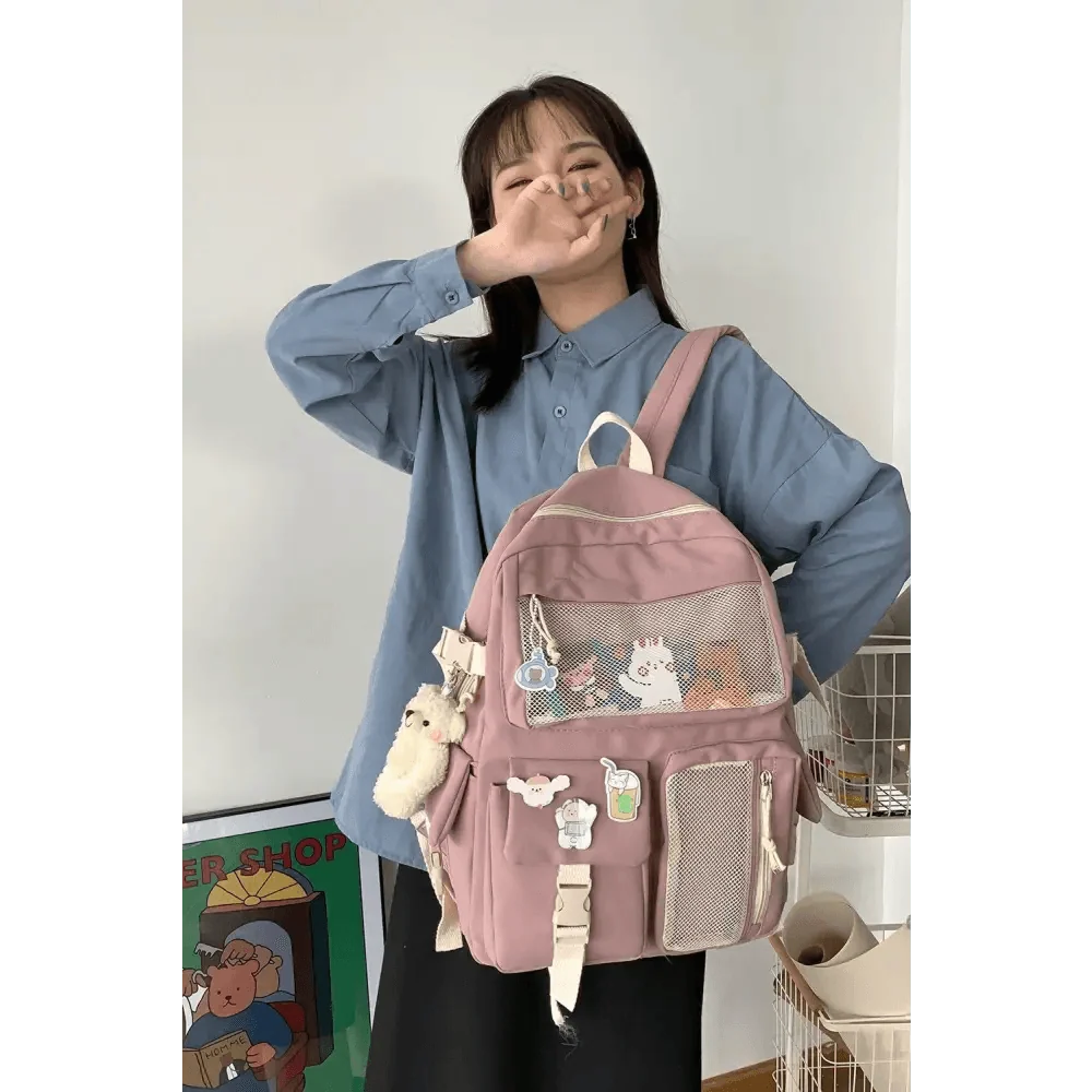 New Elegant Waterproof Backpack for ladies pink with mesh front pocket and cute patches Stevvex on Tampa Home & Garden Store