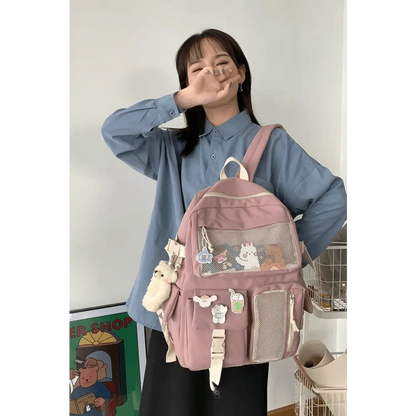 New Elegant Waterproof Backpack for ladies pink with mesh front pocket and cute patches Stevvex on Tampa Home & Garden Store
