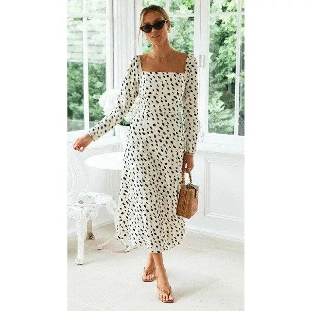 Leopard print dot long sleeve midi dress by Stevvex with black spots, square neck and slit on Tampa Home & Garden Store