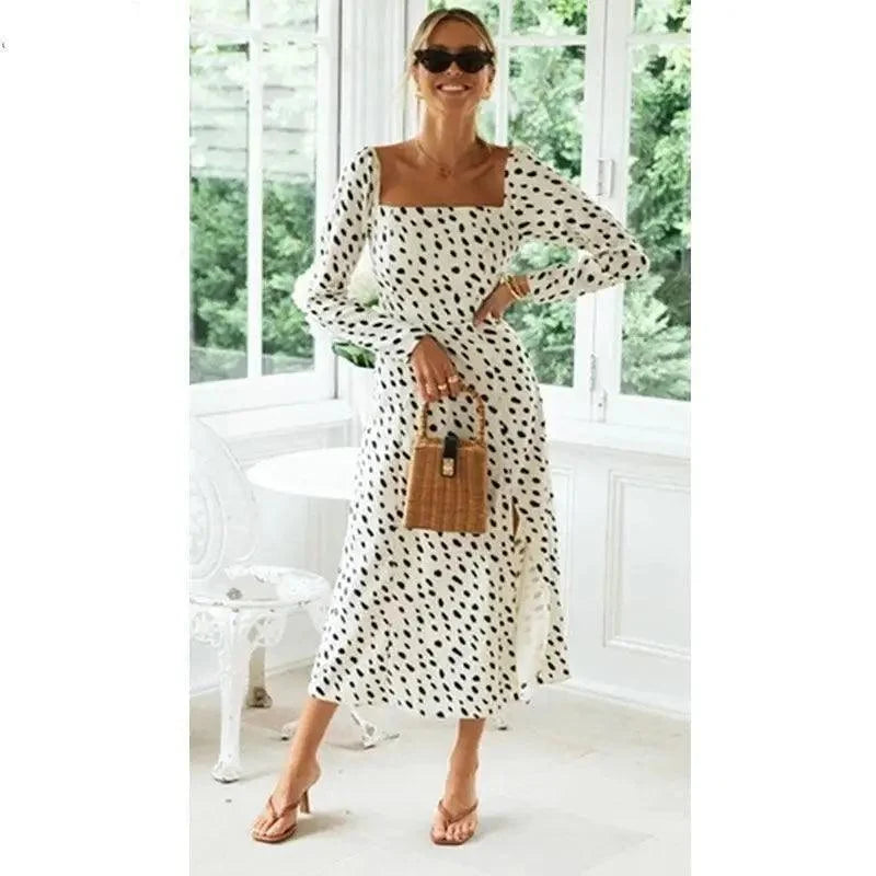 Stevvex leopard print long sleeve dress white with black dots square-neck midi with slit on Tampa Home & Garden Store