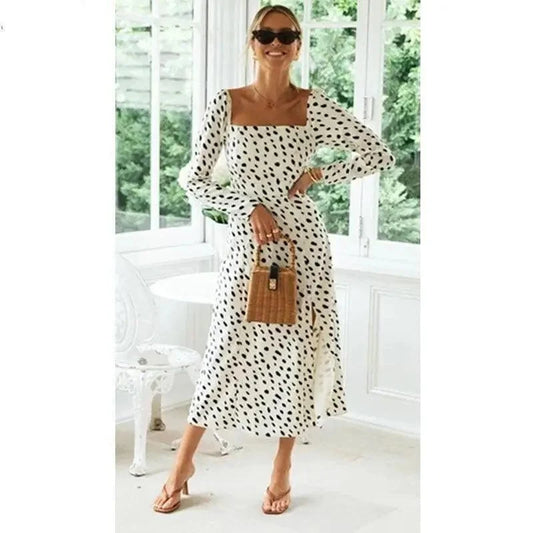 Stevvex leopard print long sleeve dress white with black dots square-neck midi with slit on Tampa Home & Garden Store