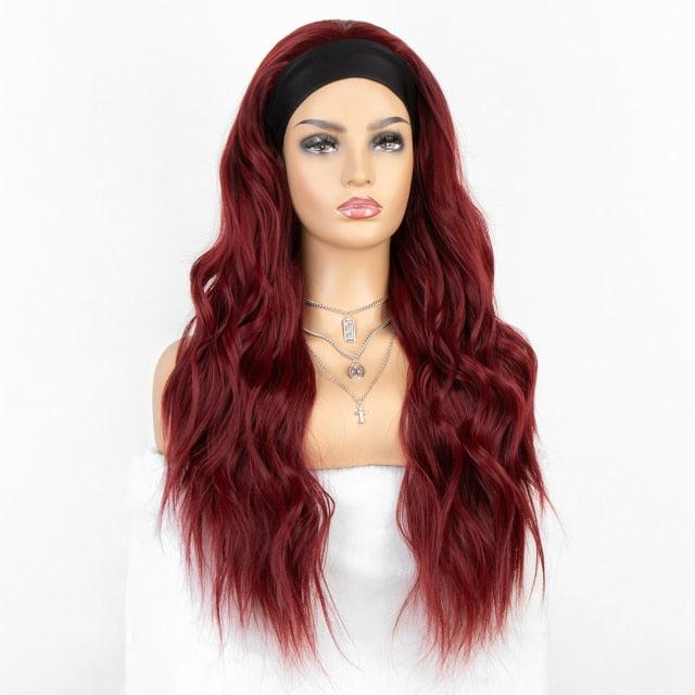 Stevvex long wavy headband wig burgundy red synthetic hair with black headband on Tampa Home & Garden Store