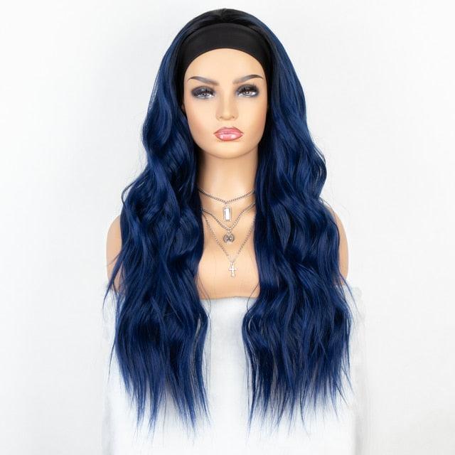 Stevvex long blue wavy headband wig, synthetic body wave, black headband on mannequin on Tampa Home & Garden Store