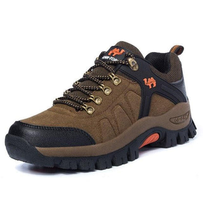 Stevvex men's brown hiking boots with black toe cap, rugged outsole and gold eyelets on Tampa Home & Garden Store