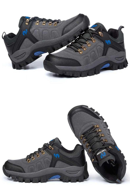 Stevvex men's hiking boots waterproof pair in grey/black with rugged outsole and blue accents on Tampa Home & Garden Store