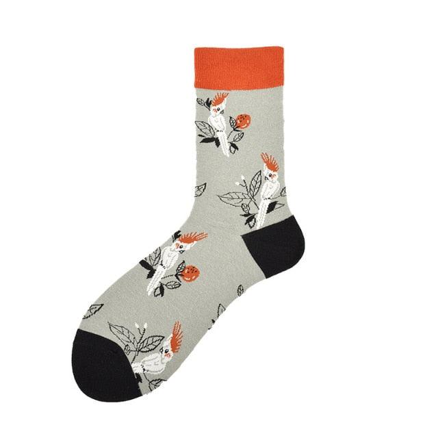 Stevvex crew socks gray with orange cuff and toe, black heel, bird and flower pattern, unisex on Tampa Home & Garden Store