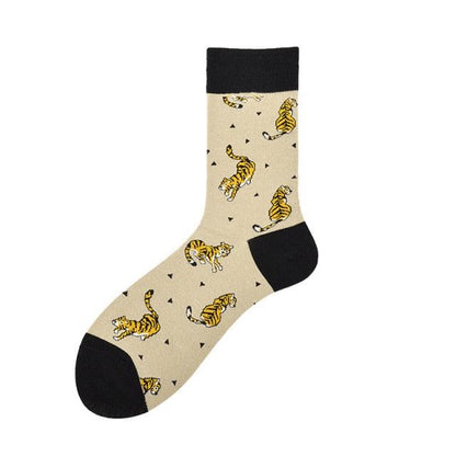 Stevvex crew socks beige with tiger pattern, black toe and cuff, novelty leisure socks on Tampa Home & Garden Store