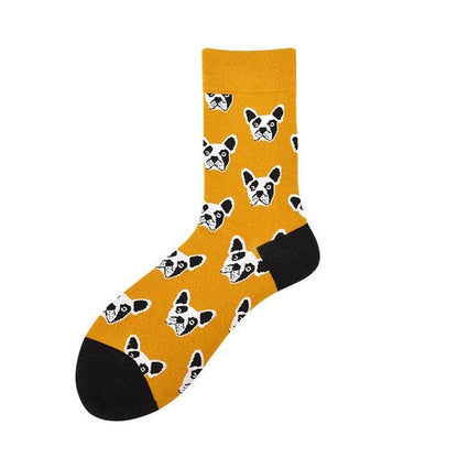 Stevvex crew socks yellow with black toe and heel, dog face pattern, unisex on Tampa Home & Garden Store