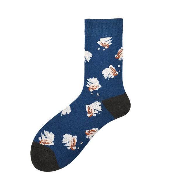 Stevvex crew sock in blue with black toe, playful shark dinosaur tiger bear dog pattern on Tampa Home & Garden Store