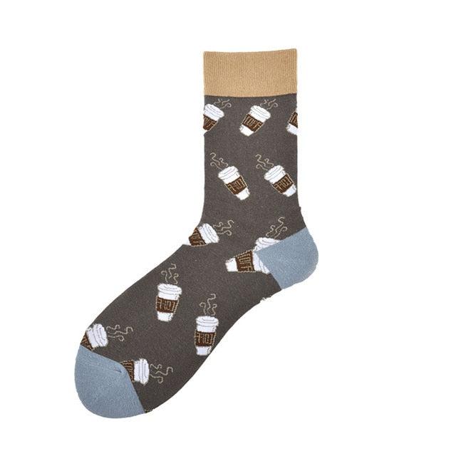Stevvex crew socks with coffee cup pattern, gray body with beige cuff and blue heel and toe on Tampa Home & Garden Store