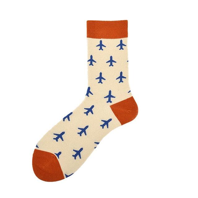 Stevvex crew socks cream with blue airplane pattern orange toe heel cuff for men and women on Tampa Home & Garden Store