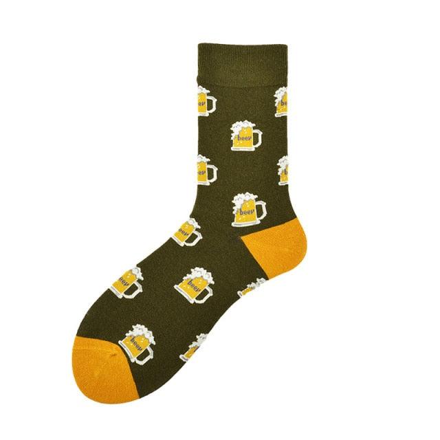 Crew sock olive green with beer mug pattern, orange toe and heel, unisex casual sock on Tampa Home & Garden Store
