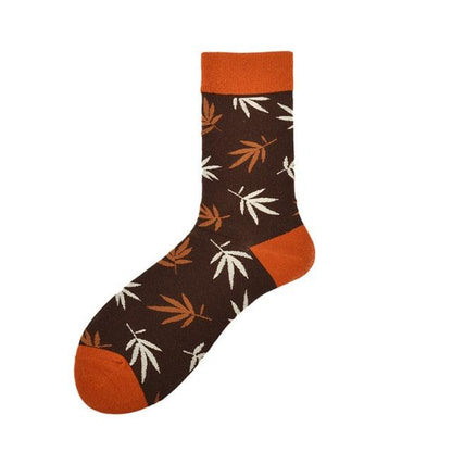 Stevvex crew sock brown base with orange toe and heel, white and orange leaf pattern on Tampa Home & Garden Store
