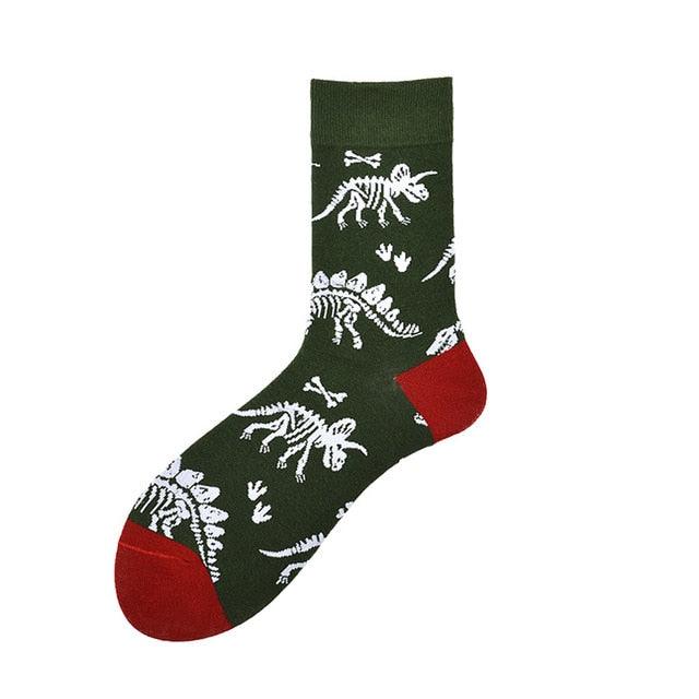 Stevvex crew socks ST12363AYK tube dinosaur skeleton pattern, dark green with red toe, unisex on Tampa Home & Garden Store
