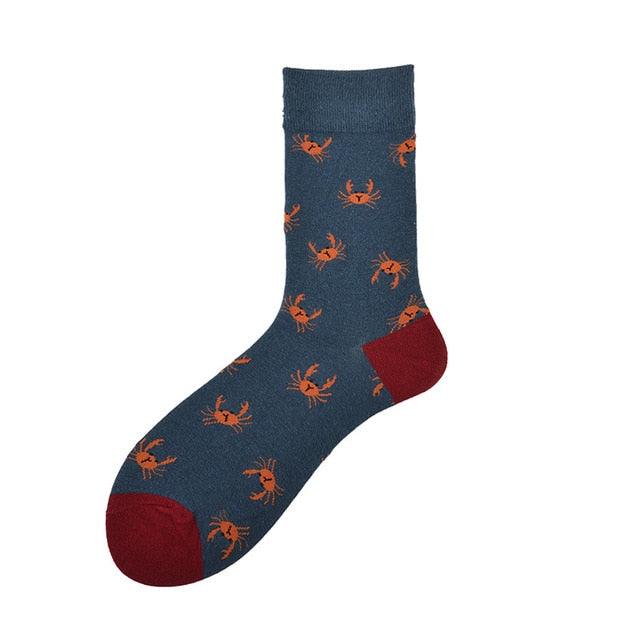 Stevvex crew socks blue with orange crab pattern and red heel toe accents on Tampa Home & Garden Store