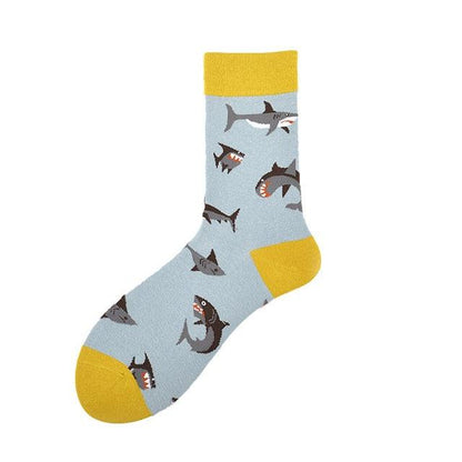 Stevvex crew socks with shark and dinosaur pattern; light blue body, yellow accents, unisex on Tampa Home & Garden Store