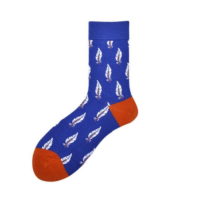 Stevvex crew socks blue with white feather pattern and orange toe and heel unisex on Tampa Home & Garden Store